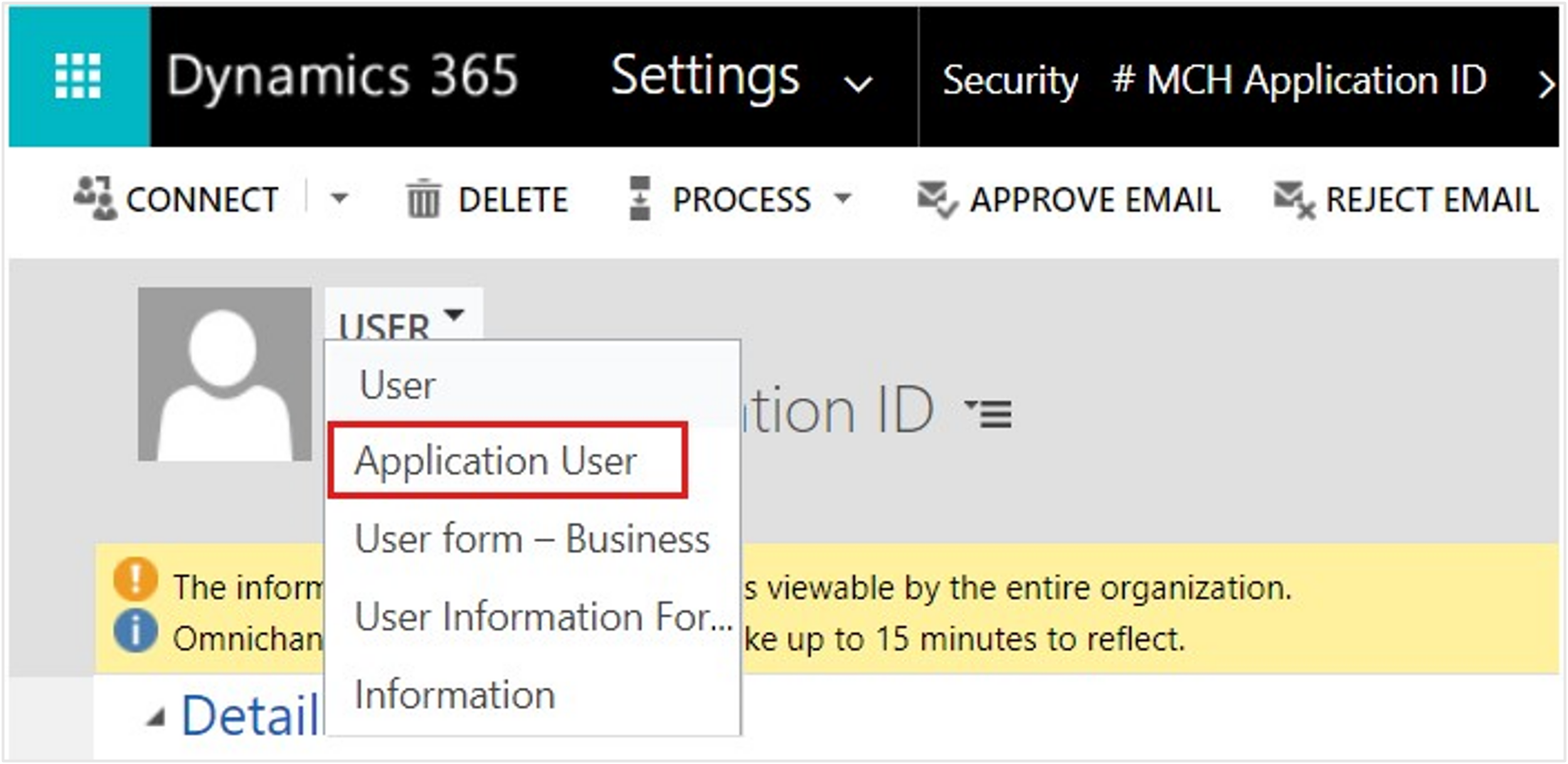 Screenshot of the Application User view selection.