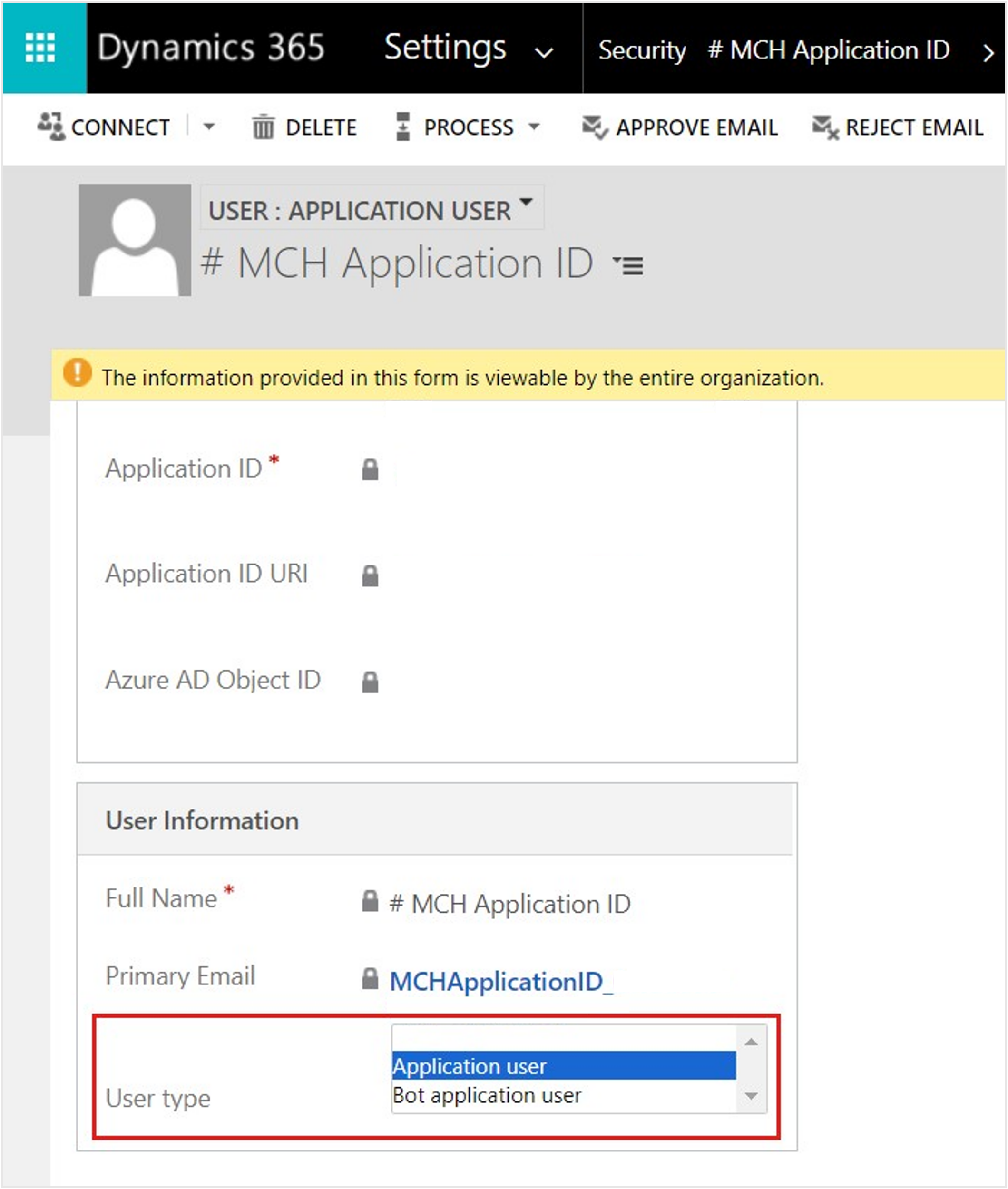 Screenshot of the Bot application user selection in the User type dropdown menu.