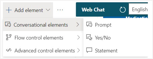 Screenshot of the Conversational elements, showing the Statement element highlighted.