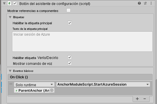 Screenshot that shows Unity with the StartAzureSession button's OnClick event configured.