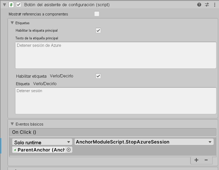 Screenshot of Unity with the StopAzureSession button's OnClick event configured.