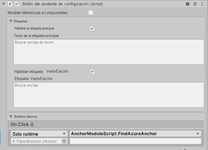 Screenshot of Unity with the FindAzureAnchor button's OnClick event configured.