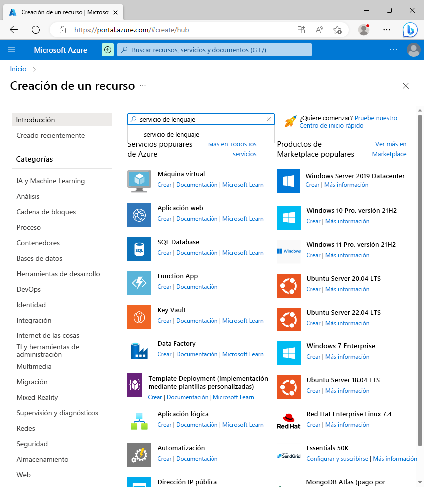 Screenshot of the Azure language service resource.