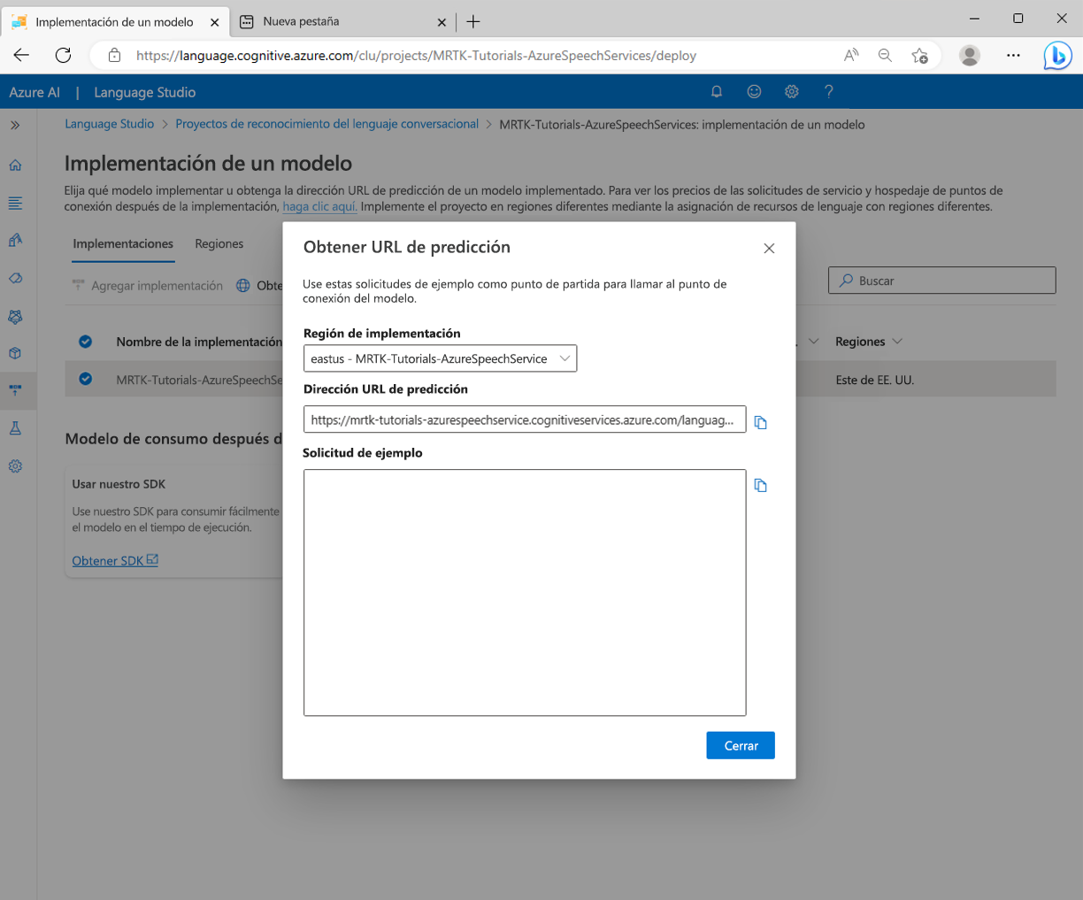 Screenshot of Get Prediction URL popup.