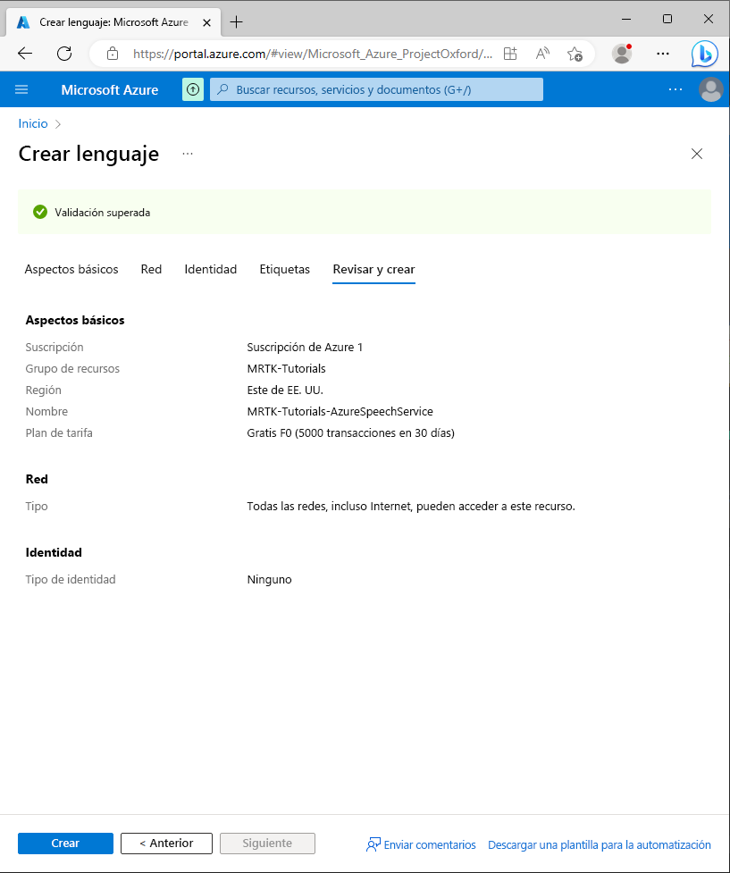 Screenshot of the Review + Create screen.