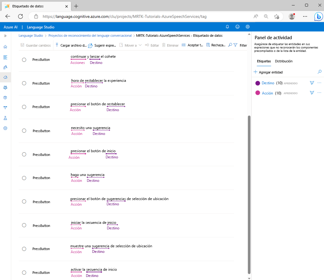 Screenshot of the PressButton intent page with all example utterances labeled.
