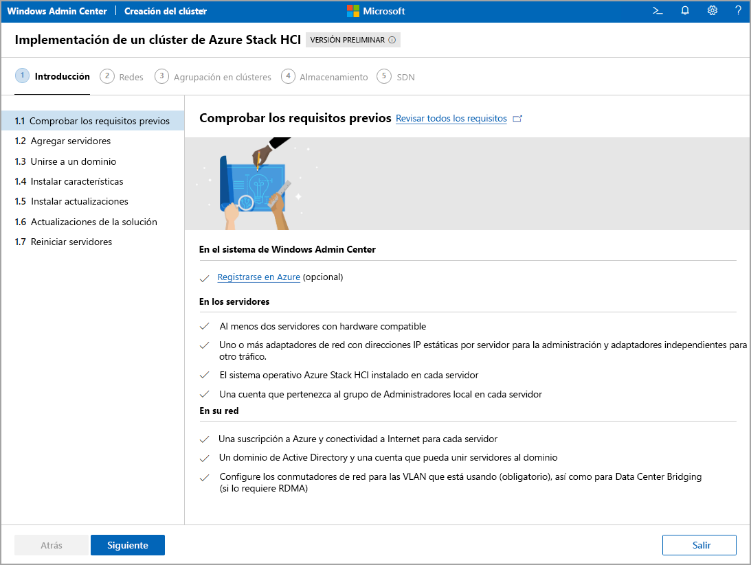 Captura de pantalla de la página del Asistente para crear clúster de Windows Admin Center que contiene una lista de los pasos de instalación principales.