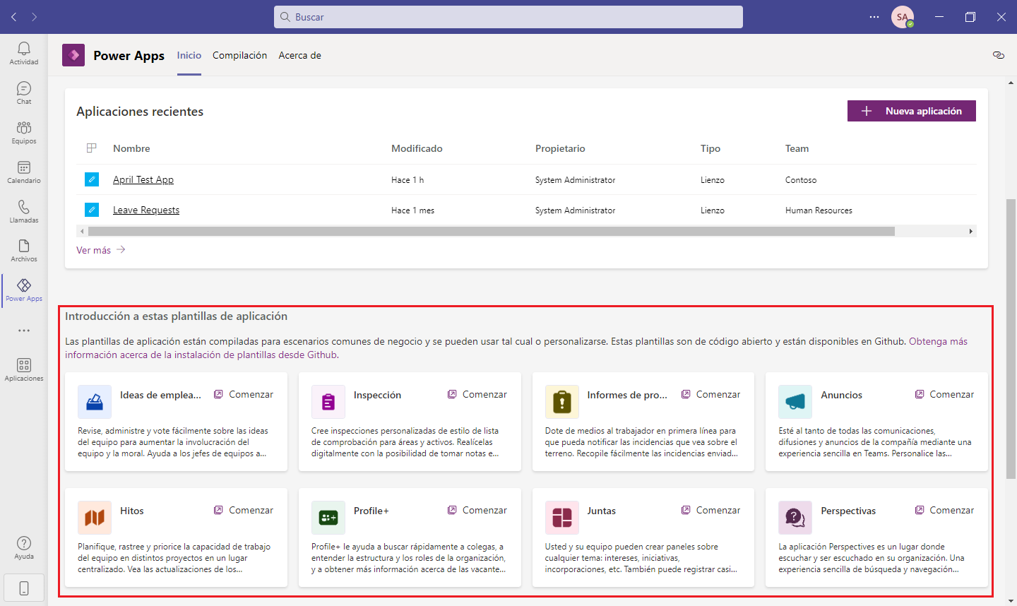 Captura de pantalla de la oferta de aplicaciones de plantilla de Teams