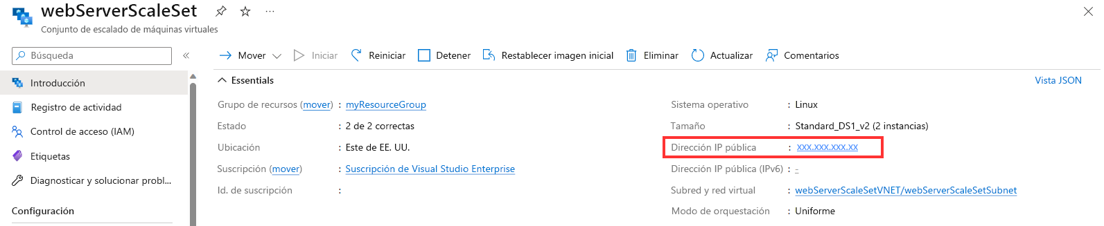 Captura de pantalla de Azure Portal en la que se muestra la página Información general del conjunto de escalado de máquinas virtuales.
