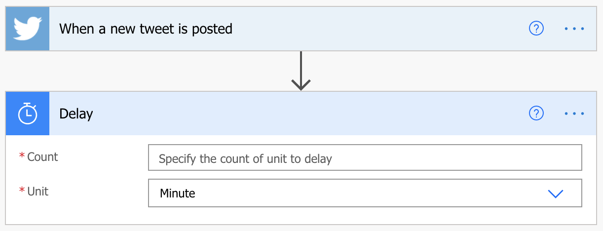 Captura de pantalla de la acción Retrasar que muestra las opciones Recuento (especifique el recuento de la unidad que retrasar) y Unidad (Minuto).