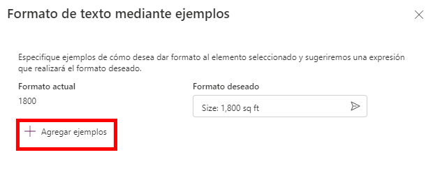 Captura de pantalla del botón Agregar ejemplos dentro de Ideas de Power Apps