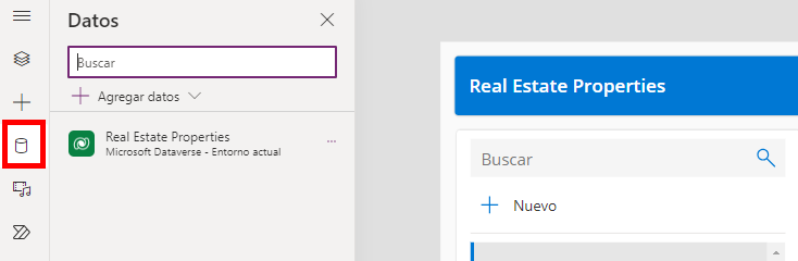 Captura de pantalla del icono Datos en la barra de navegación izquierda