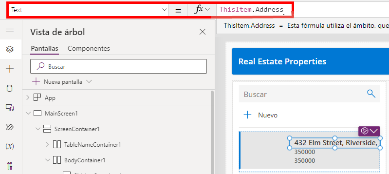 Captura de pantalla de la propiedad text en la barra de fórmula