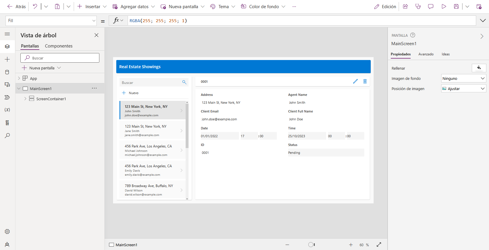 Captura de pantalla de la aplicación generada en Power Apps Studio