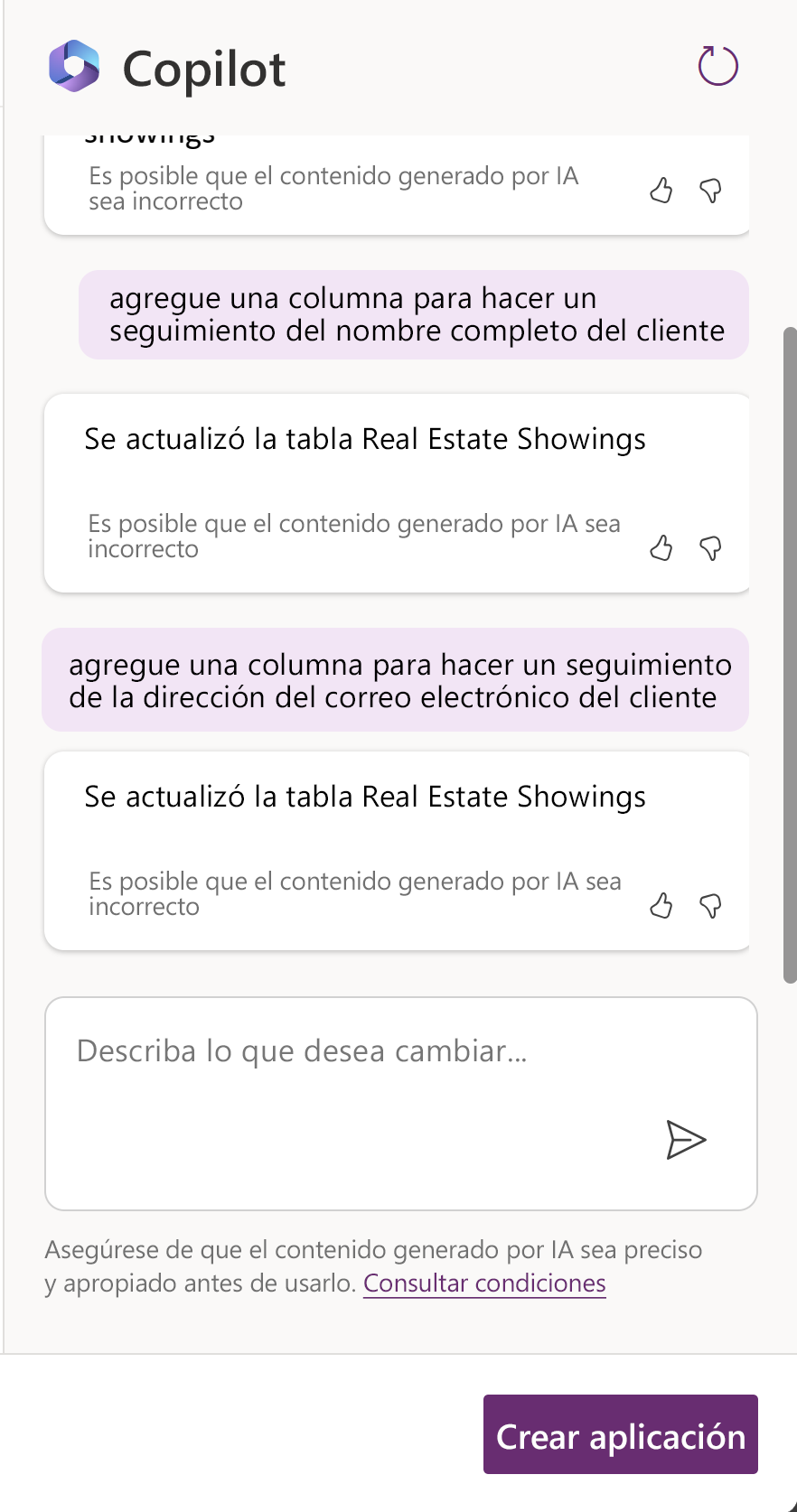 Captura de pantalla que muestra el historial de conversaciones de Copilot
