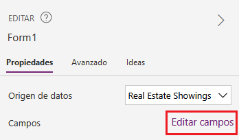 Captura de pantalla que muestra la opción Editar campos en el panel Propiedades
