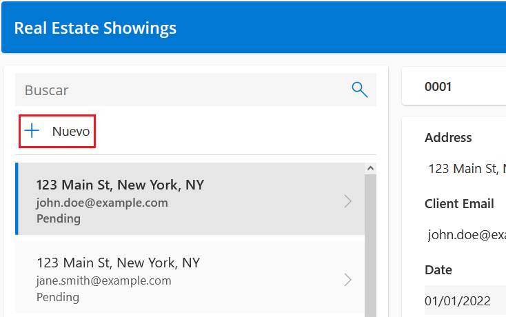 Captura de pantalla en la que se resalta el botón Nuevo registro en Power Apps Studio