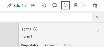 Captura de pantalla del botón Reproducir en Power Apps Studio