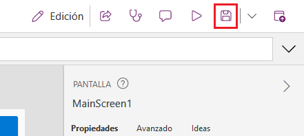 Captura de pantalla del botón Guardar en Power Apps Studio