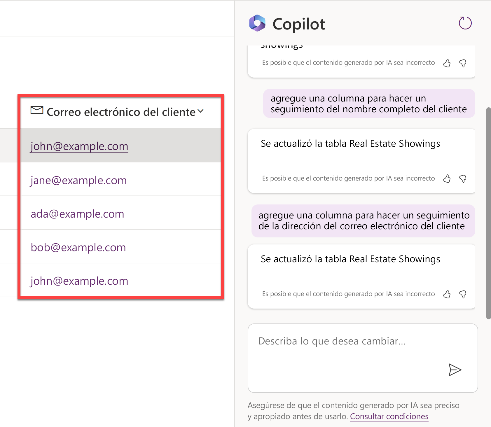 Captura de pantalla de la columna Correo electrónico del cliente recién generada