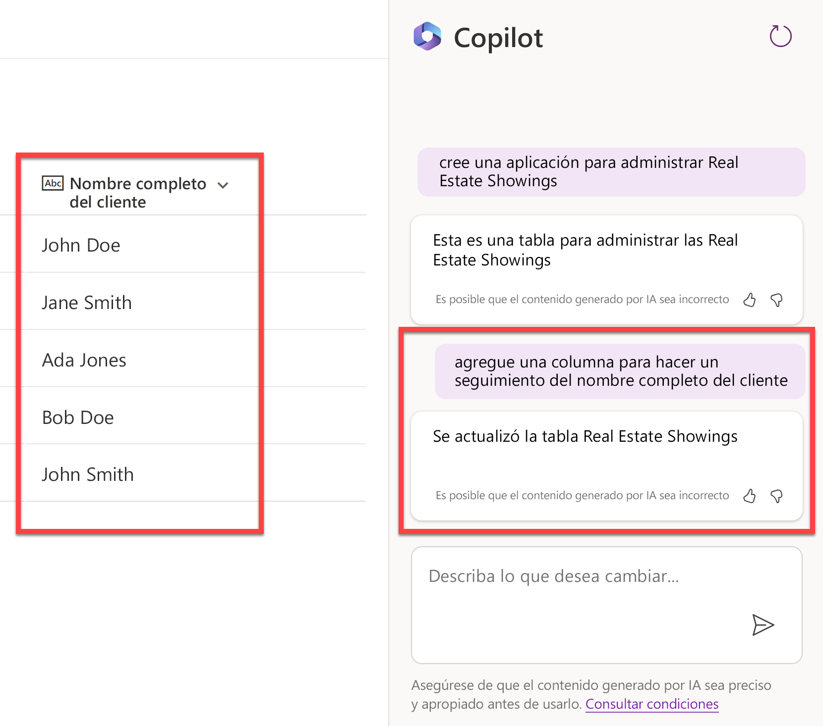Captura de pantalla del chat de Copilot que confirma que la tabla está actualizada y que la nueva columna aparece en la tabla