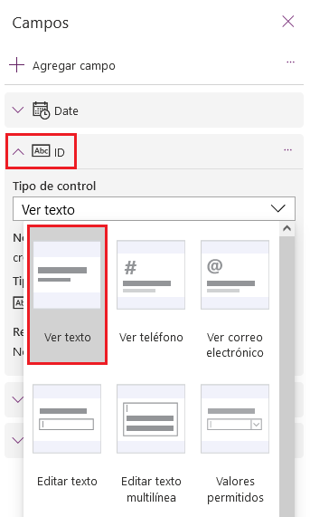 Captura de pantalla que muestra la acción de cambiar el tipo de control de ID a Ver texto