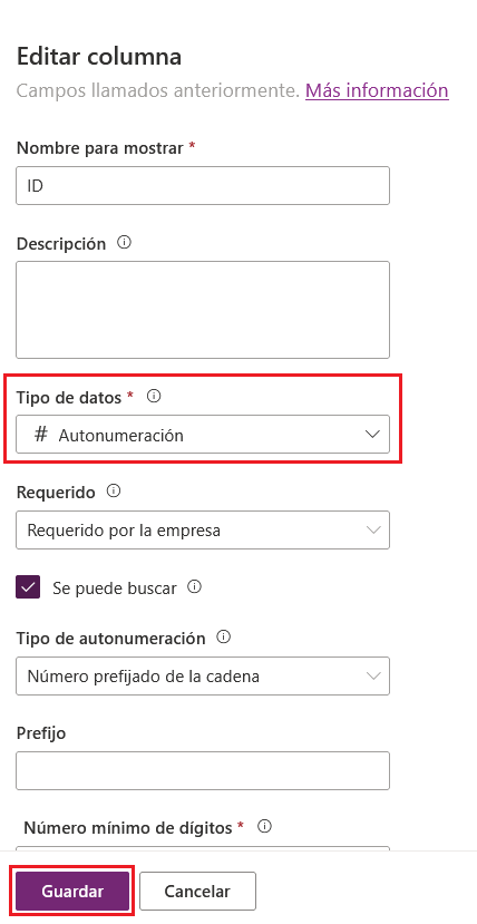 Captura de pantalla que resalta el tipo de datos Autonumeración y el botón Guardar