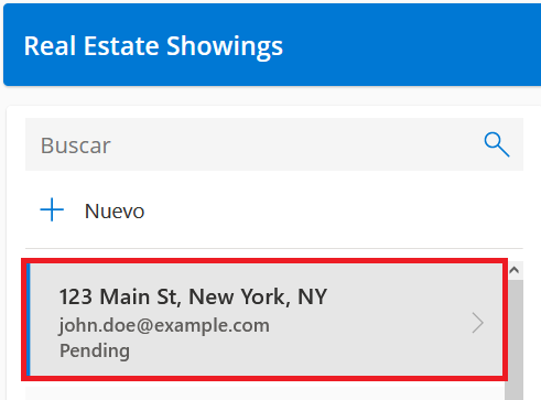 Captura de pantalla de un único registro en la Galería de Real Estate Showings