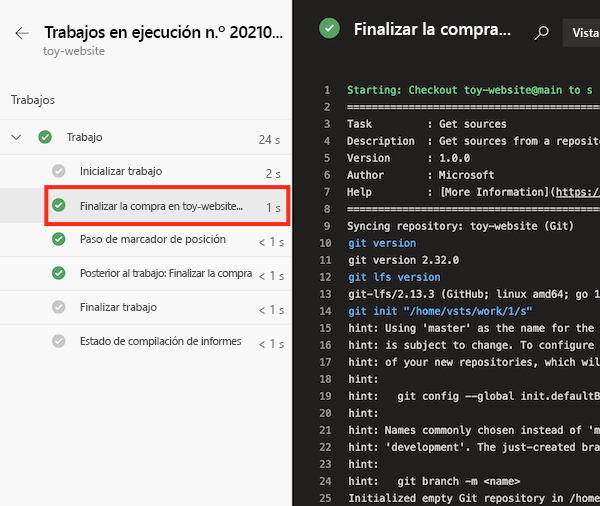 Recorte de pantalla en el que muestra el registro del trabajo de canalización, con el paso 