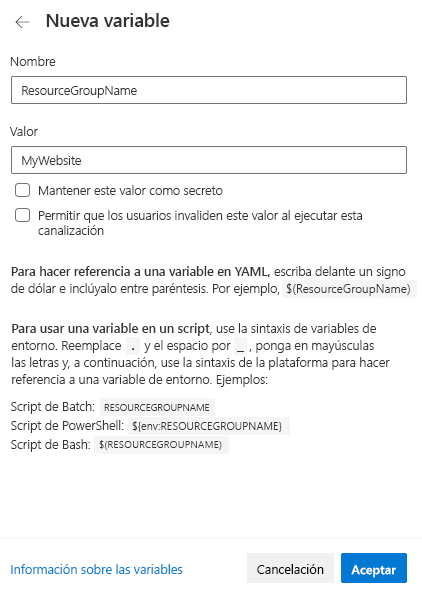 Captura de pantalla de Azure&nbsp;DevOps que muestra la creación de una nueva variable.