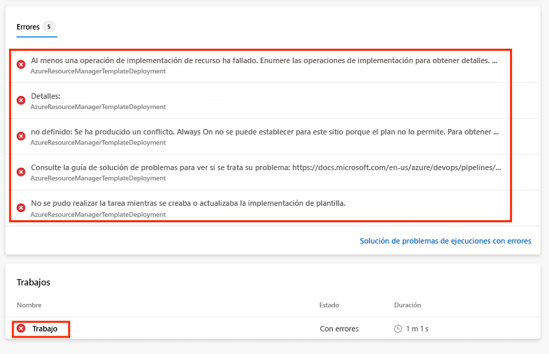 Captura de pantalla de Azure DevOps que muestra la ejecución fallida de la canalización.