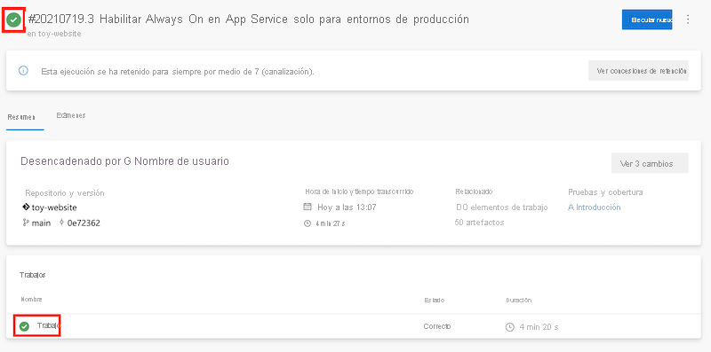 Captura de pantalla de Azure DevOps que muestra la ejecución exitosa de la canalización.
