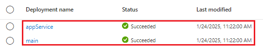 Recorte de pantalla de la interfaz de Azure Portal de las implementaciones, donde se muestran las dos implementaciones con estados correctos.
