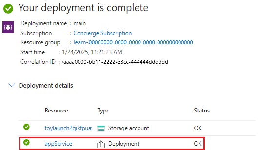 Recorte de pantalla de la interfaz de Azure Portal de la implementación específica, con un recurso enumerado.