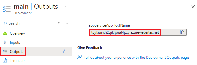 Recorte de pantalla de la interfaz de Azure Portal de las salidas de la implementación específica.