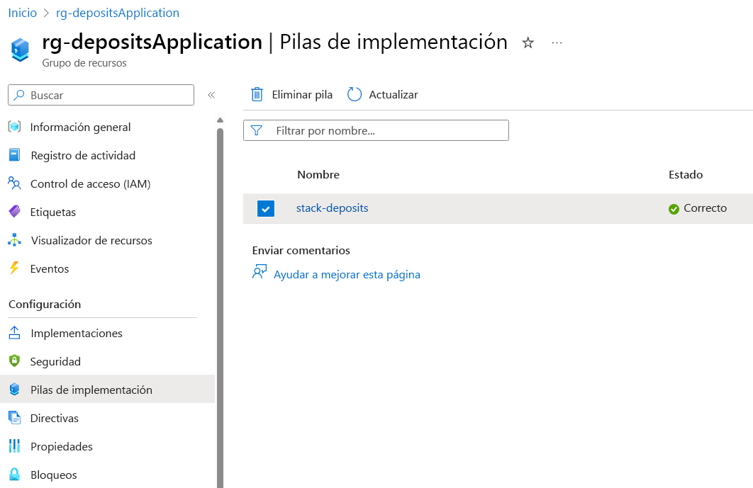 Recorte de pantalla de Azure Portal que muestra la configuración de un grupo de recursos y dónde buscar pilas de implementación.