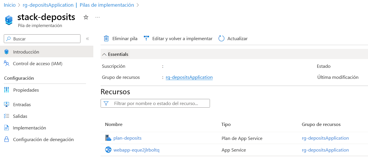 Recorte de pantalla de Azure Portal en la que se muestran las propiedades de una pila de implementación, incluidos sus recursos administrados.