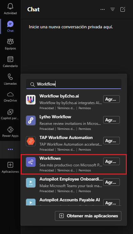 Captura de pantalla que muestra la aplicación Flujos de trabajo si aún no se ha agregado.