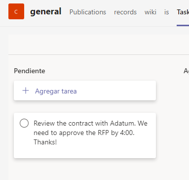 Captura de pantalla de Planner que muestra la nueva tarea.