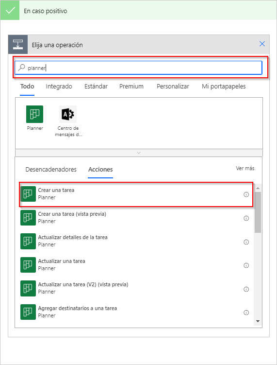 Captura de pantalla del cuadro de diálogo Elegir una operación con los resultados de búsqueda del Planner