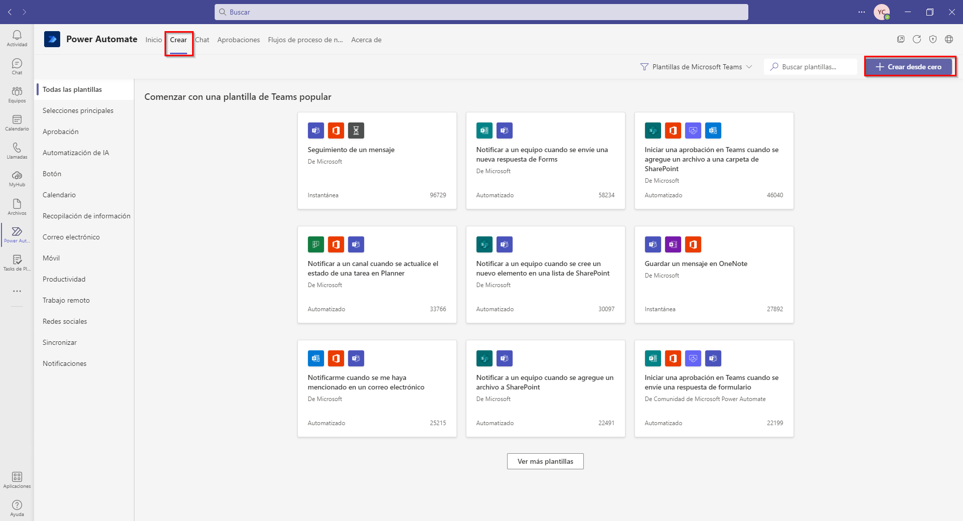 Captura de pantalla de la pantalla Crear de Power Automate con la opción Crear desde cero resaltada
