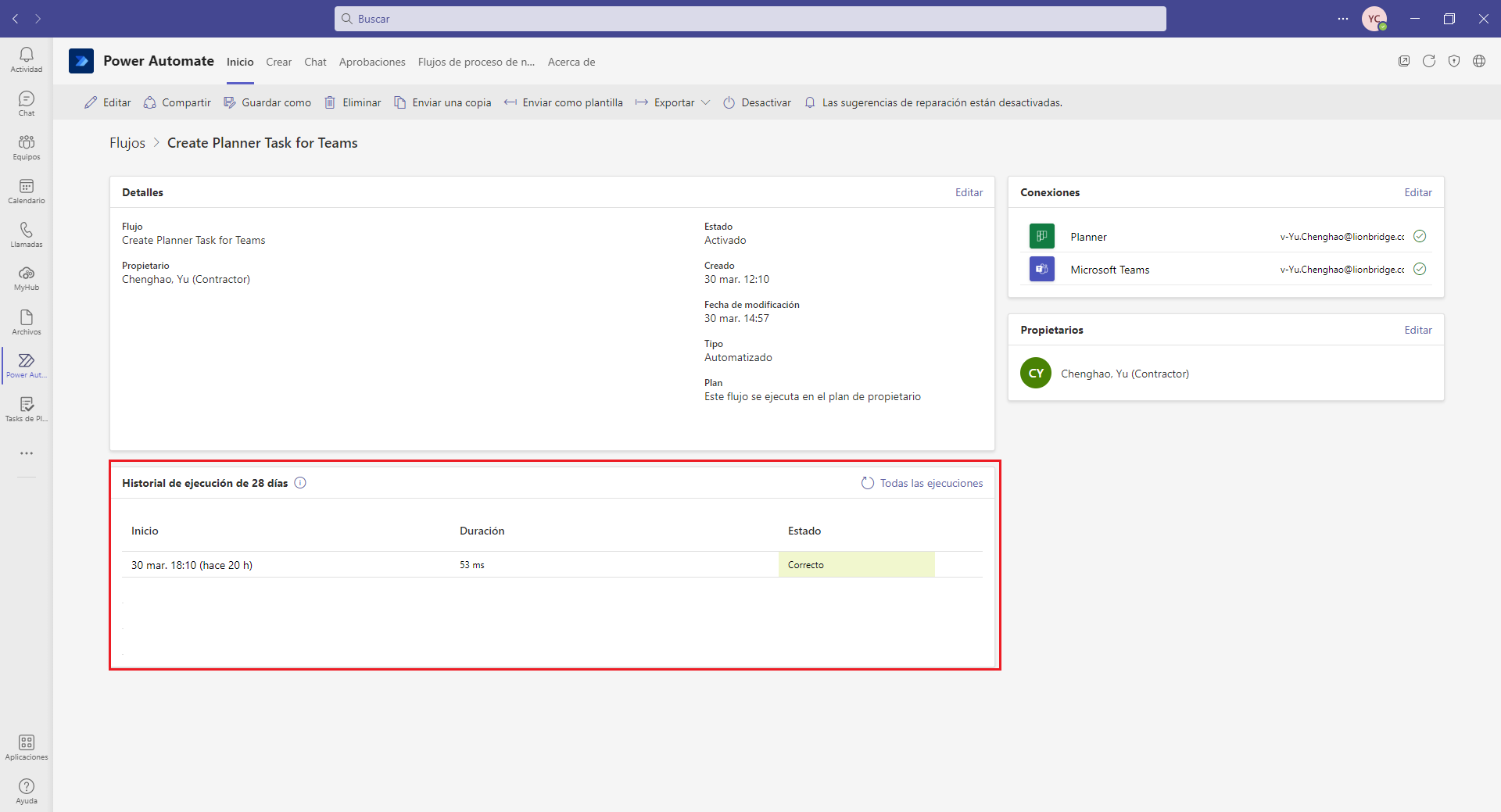 Captura de pantalla de la tarea Crear Planner desde Teams con el historial de ejecución de 28 días resaltado
