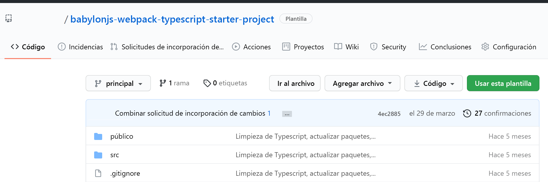 Screenshot that shows creating a repository for the project by using the GitHub template, for a plain experience.