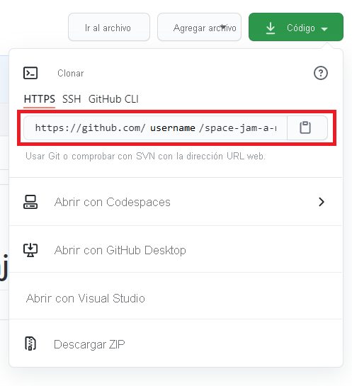 Screenshot that shows how to get the HTTPS URL of the repo from GitHub.com.