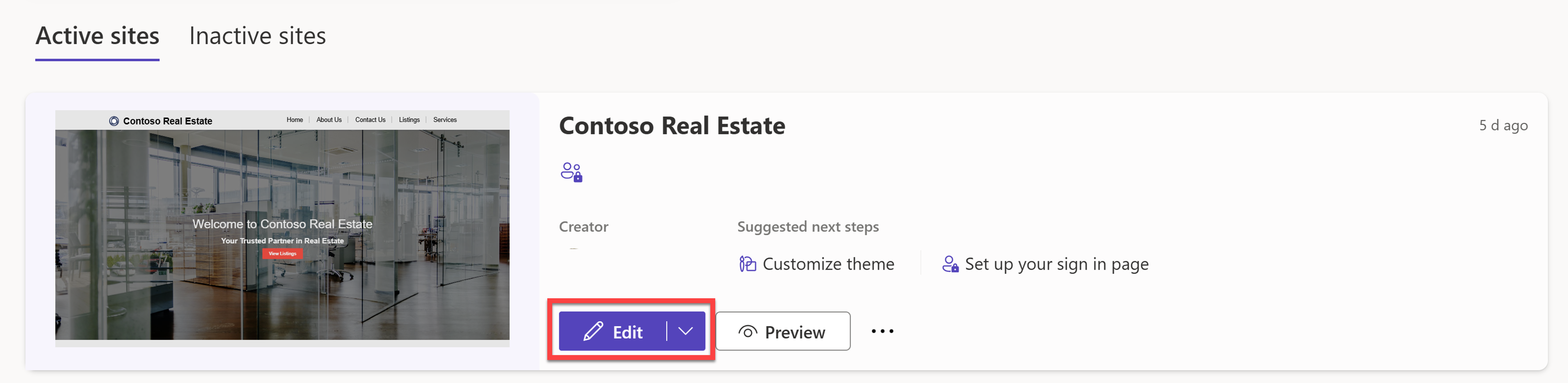 Captura de pantalla con el sitio web Contoso Real Estate en la sección Sitios activos