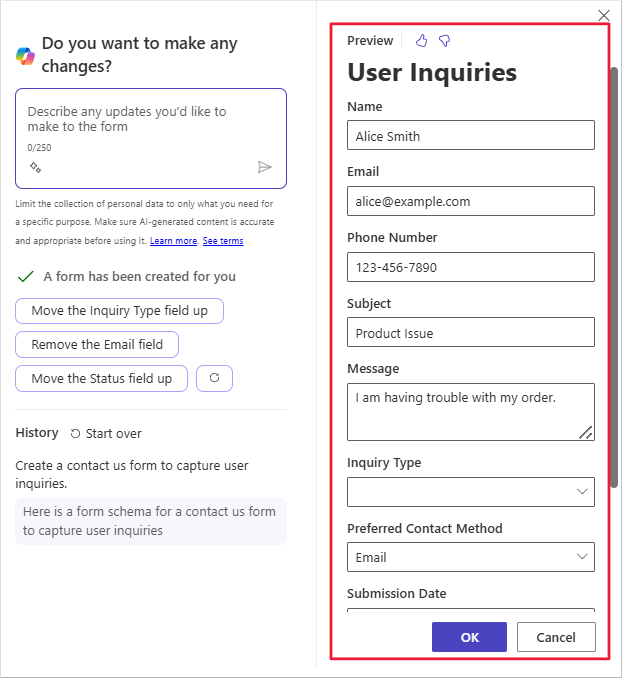 Captura de pantalla con el formulario generado por Copilot en el estudio de diseño de Power Pages