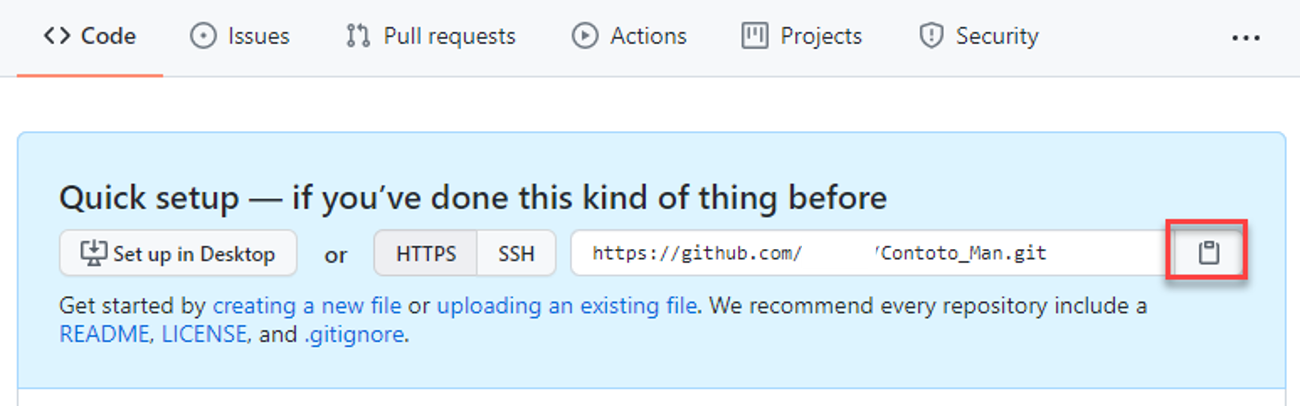 Captura de pantalla del botón para copiar la URL del repositorio