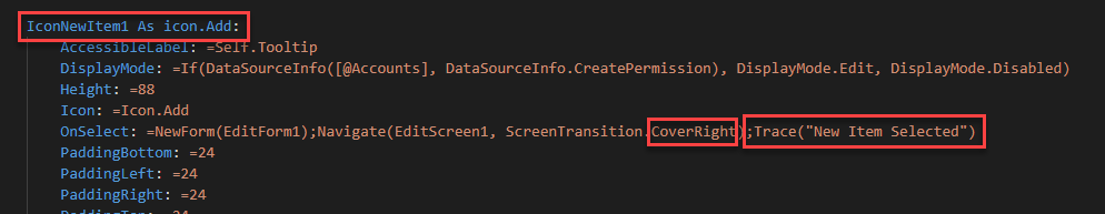 Captura de pantalla de la transición de fórmula Navigate y la expresión Trace
