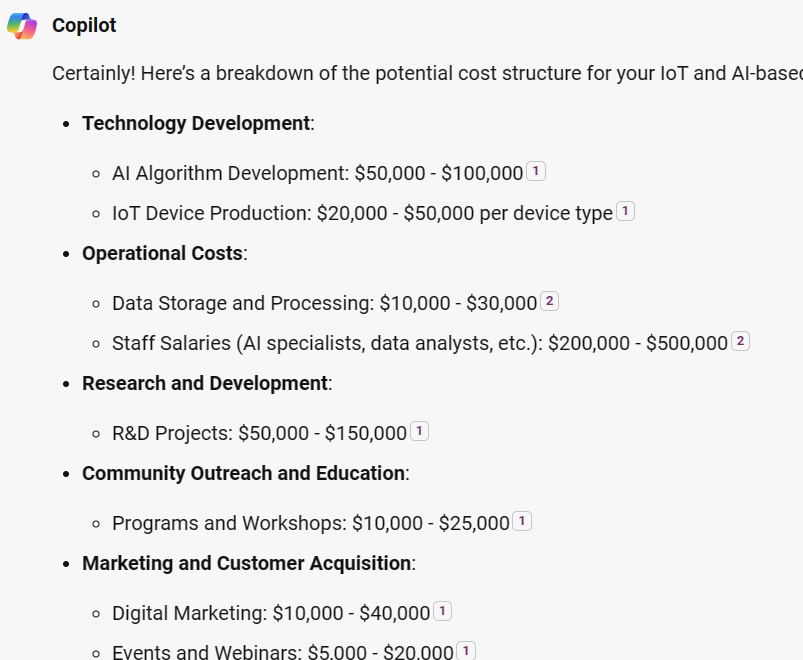 Captura de pantalla que muestra la respuesta de ejemplo en la estructura de costos.