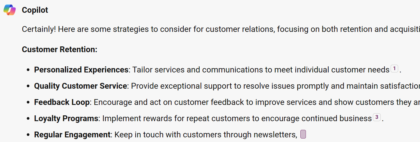 Captura de pantalla que muestra la respuesta de ejemplo en las relaciones con los clientes.